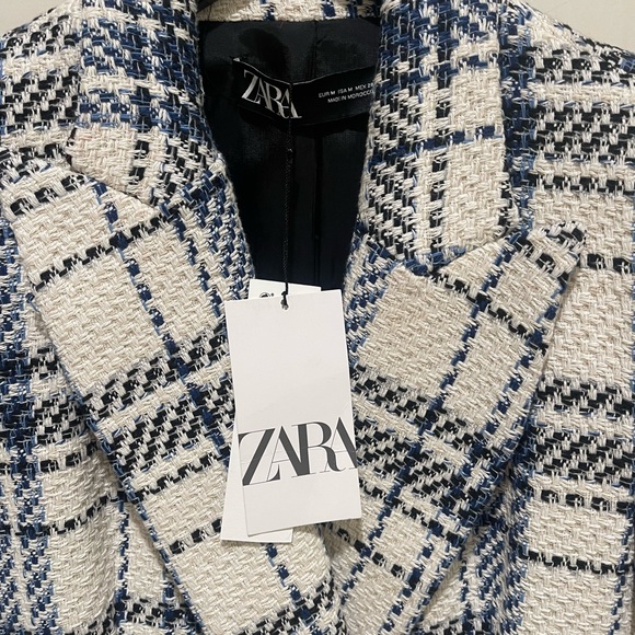 ZARA BLOGGER FAVE Blue & Cream Plaid Check Double Breasted Blazer Jacket NWT - Picture 4 of 8
